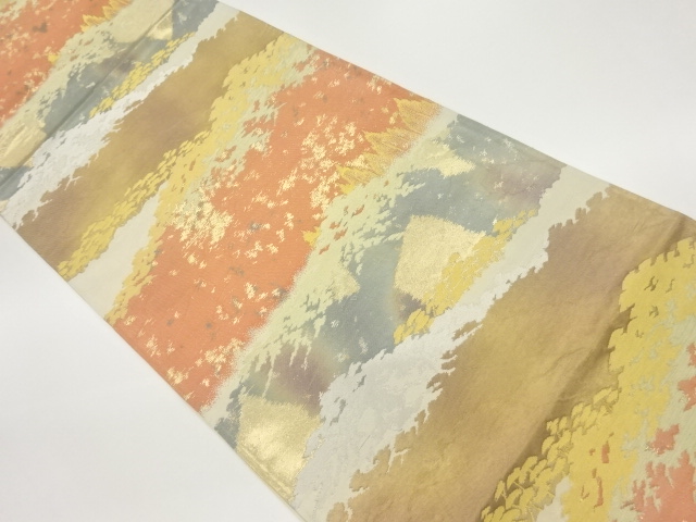 引箔横段に抽象木々模様織出し袋帯